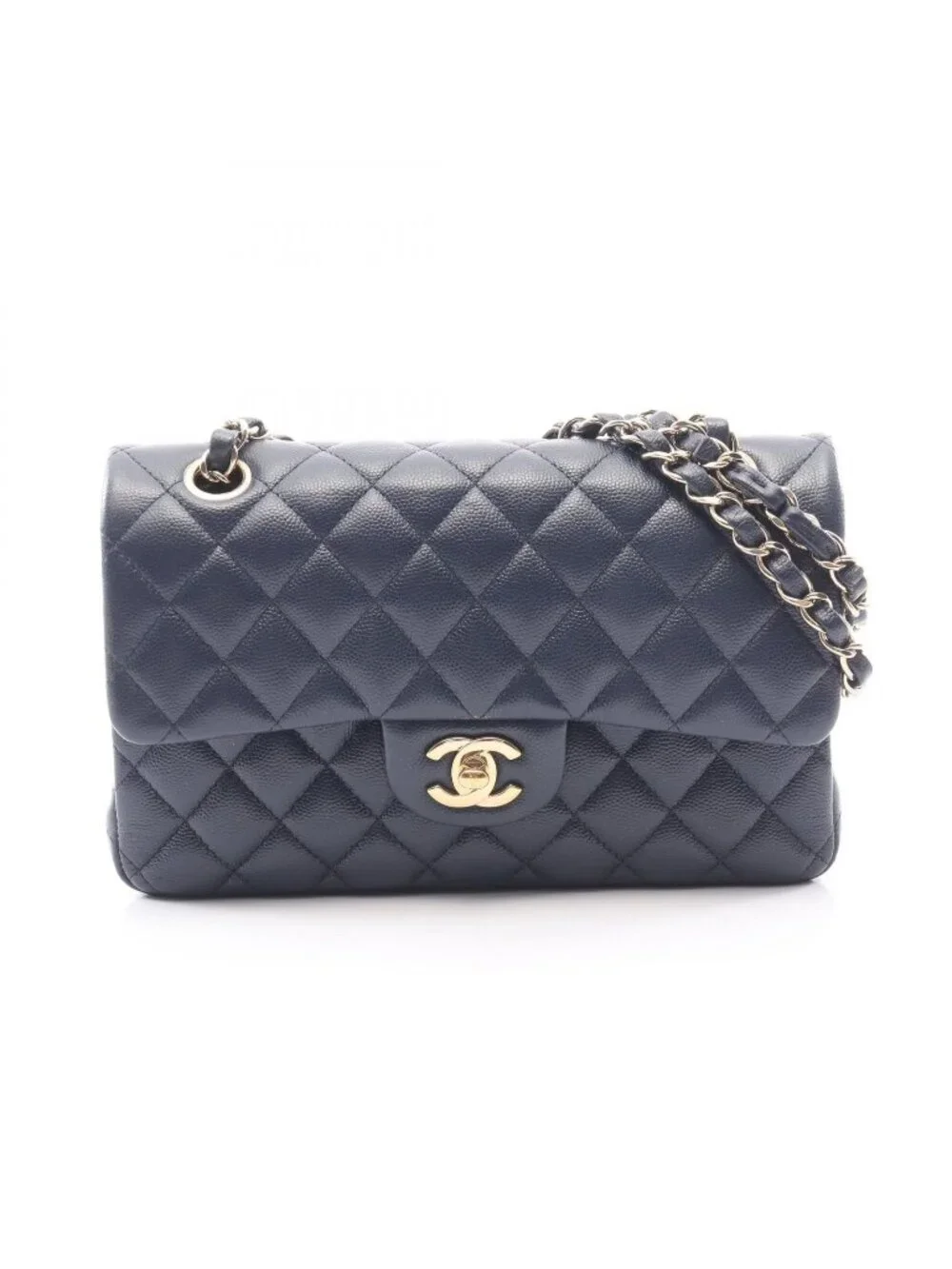 Chanel Shoulder Bag Quilted Double Flap Navy Caviar Leather Chain